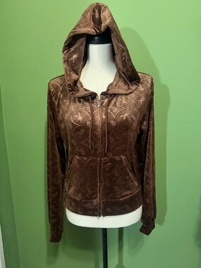 PLAYBOY Brown Velour Hooded Zip Bomber Jacket